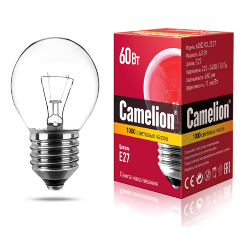 Эл.Лампа Camelion шарик прозр. 60 W Е27 /100/10/